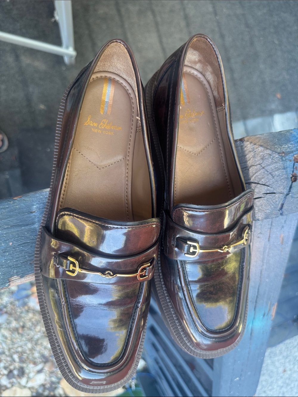 Sam Edelman Glossy Dark Brown Leather Penny Loafers with Gold Bit